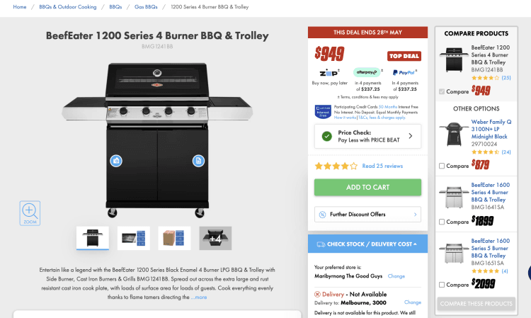 The Good Guys: BeefEater 1200 Series 4 Burner BBQ & Trolley (BMG1241BB) – $949 -> $939 with Price Beat